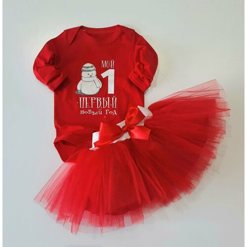 Комплект одежды для девочек, юбка и боди, нарядный стиль, пояс на резинке, застежка под подгузник, размер 74, красный